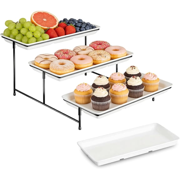 4-Tier Melamine Cake Stand, 22 x 14 x 9 Inch Rectangular Dessert Display Rack with Black Foldable Metal Stand, Detachable & Space-Saving, Food-Safe for Party Wedding Buffet