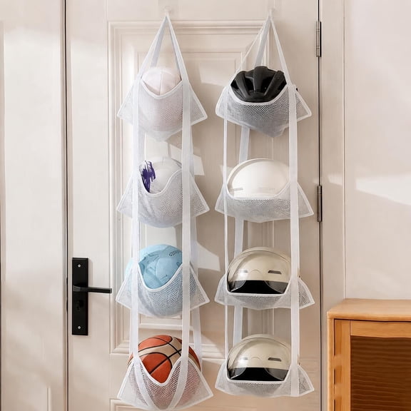 4-Tier Mesh Ball Storage Organizer, 2Pcs Over the Door & Wall Mounted Sports Ball Organizer,Football Holder for Garage,Hanging Mesh Rack for Basketball, Helmets, Sneakers & Toys(RL White)