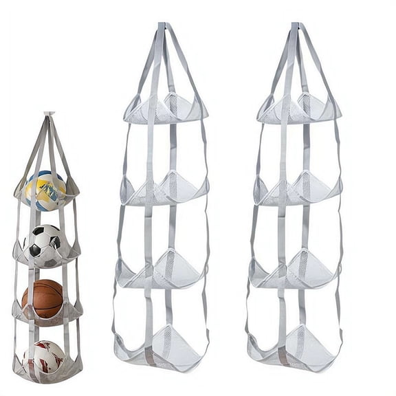 4-Tier Mesh Ball Storage Rack, 2pcs Wall-Mounted Hanging Organizer for Basketball Soccer Volleyball, Space-Saving Sports Gear Holder for Garage Bedroom
