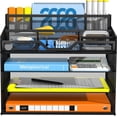 thumbnail image 1 of 4 Tier Mesh Desk Organizer, Multi-Functional Paper Letter Tray with 5 Adjustable Compartments & 3 Pen Holders - Space-Saving Desktop Storage for Office Files, Mail, Stationery - Black, 1 of 4