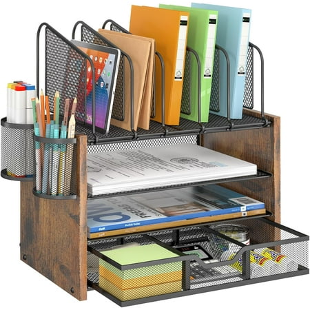 4-Tier Mesh Desk Organizer, Wooden Desk File Organizer with 5 Vertical File Holders and 2 Pen Holders, Desktop Organizer with Drawer, Desk Organizers and Accessories for Home Office