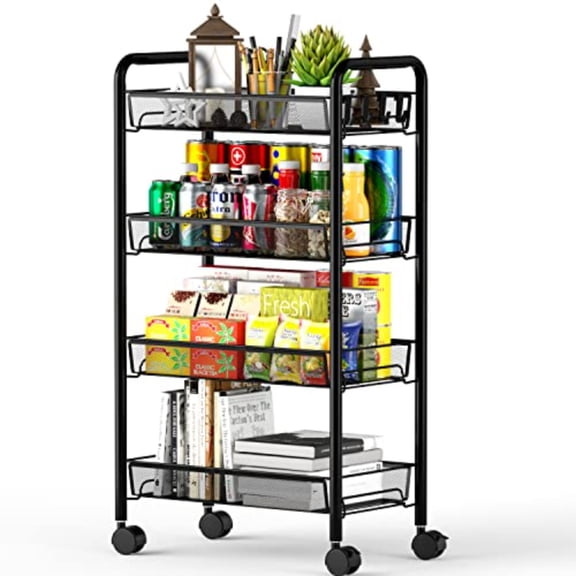 4 Tier Mesh Wire Rolling Cart Kitchen Storage Organizer Utility Cart Full Metal Basket Storage Art Trolley Carts with Wheels 4 Side Hooks