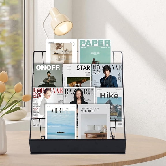 4-Tier Metal Book Display Rack with Magazine Holder for Library Classroom Office, Space-Saving Tabletop CD Brochure Stand