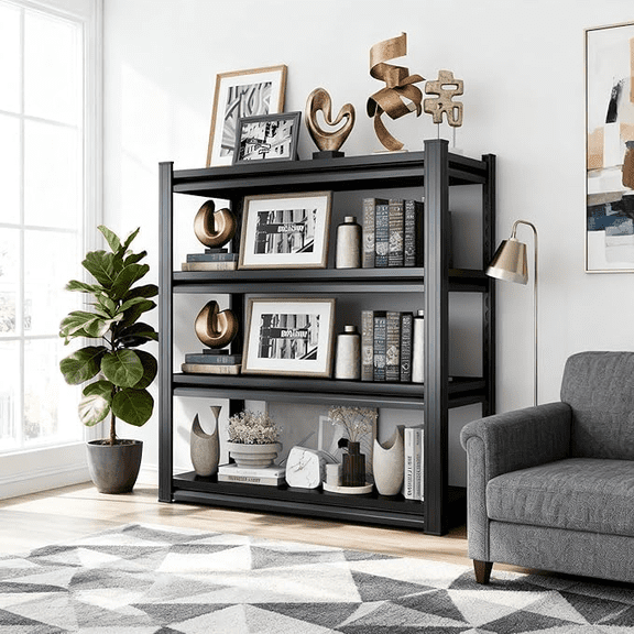 4-Tier Metal Bookshelf, 2400LBS Industrial Bookshelves, 44" H Display Bookcase, Adjustable Bolt-Free Storage Shelves for Living Room, Bedroom, Garage, Kitchen, Black