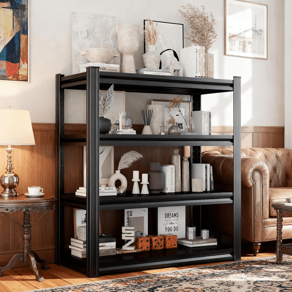 4-Tier Metal Bookshelf, 2400LBS Industrial Bookshelves, 60" H Display Bookcase, Adjustable Bolt-Free Storage Shelves for Living Room, Bedroom, Garage, Kitchen, Black