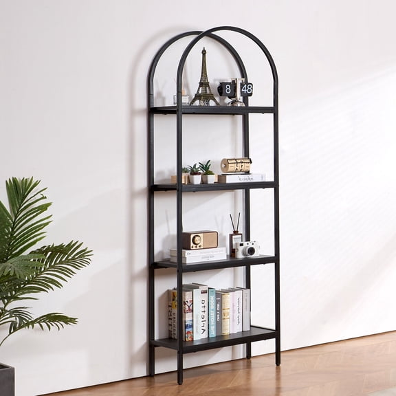 4-Tier Metal Bookshelf, Industrial Arched Design Open Bookcase, Small Rustic Vintage Storage Shelf for Living Room, Bedroom & Office, Freestanding Display Shelving Unit