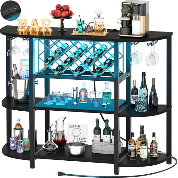 4-Tier Metal Coffee Bar Cabinet with Outlet and LED Light, Freestanding Floor Bar Table for Liquor with Glass Holder and Wine Storage, Wine Table Bakers Rack for Kitchen Dining Room, Black