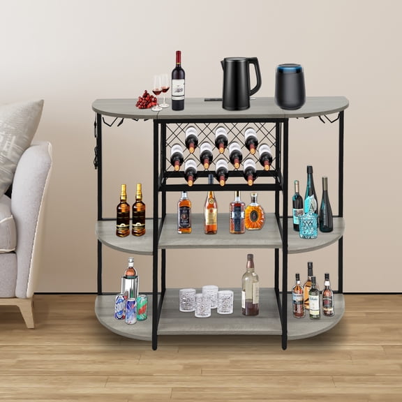 4-Tier Metal Coffee Bar Cabinet with Outlet & LED Light, Freestanding Wine Rack Table, Floor Bottles Organizer & Glass Holder Shelf for Kitchen Dining Living Room Music Bar (Gray)