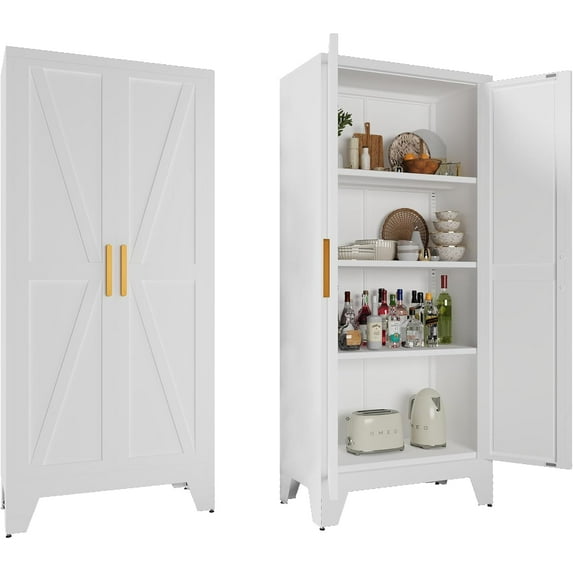 4 Tier Metal Farmhouse Storage Cabinet with 2 Barn Door, 3 Adjustable Shelves and Legs, for Dining Room, Bathroom, Living Room, Office (White, 61" Farmhouse)