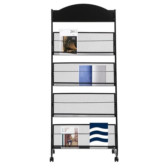 Shangmakel Shangmakel4-Tier Metal Floor-Standing Magazine Rack with Wheels - Ideal for Brochure and Document Display in Offices