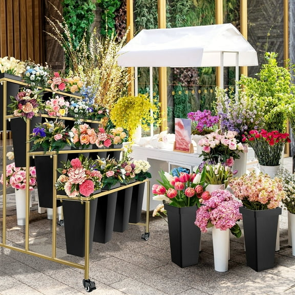 4-Tier Metal Flower Bar Stand with 16 Durable Buckets, Sturdy Gold Flower Stand, Heavy Duty Moving Flower Display Stand for Cozy Living Room