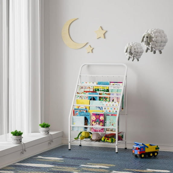 4-Tier Metal Kids Bookshelf with Toy Storage for Toddlers, White
