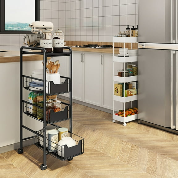 4-Tier Metal Kitchen Slim Utility Cart Trolley Storage Shelf + Slide-Out Drawers
