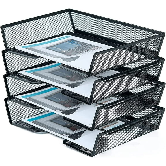 4 Tier Metal Mesh Desk Organizer-Stackable Letter Trays for Office Supplies,Black File Storage System with Reinforced Edges