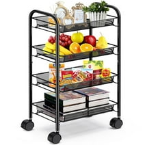 4 Tier Metal Mesh Rolling Utility Cart Storage Cart with 4 Wire Baskets and Lockable Wheels for Home Kitchen