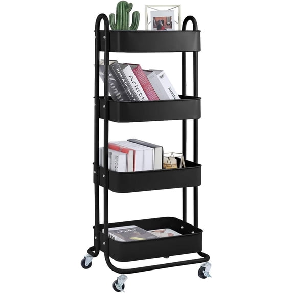 4-Tier Metal Mesh Utility Rolling Cart Storage Organizer Shelf Rack with Lockable Wheels for Living Room Kitchen Office, Black