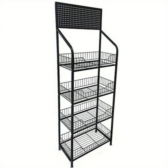 4-Tier Metal Retail Display Rack with 15 Hooks & Swivel Casters - Sturdy & Portable Commercial Shelving with Foot Pads for Snacks, Retail Store & Versatile Storage - Easy Assembly