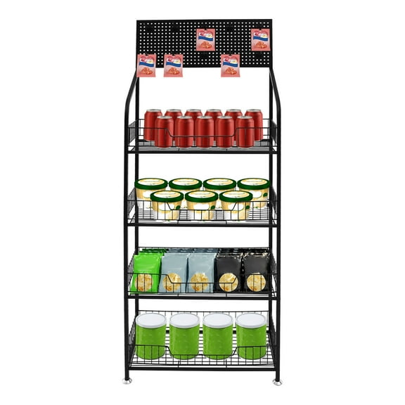 4 Tier Metal Retail Display Rack Stand Snack Candy Display Cart with Wheels Snack Rack Display Stand with 10 Hooks Metal Wire Storage Shelf Display Rack for Home Kitchen Storage