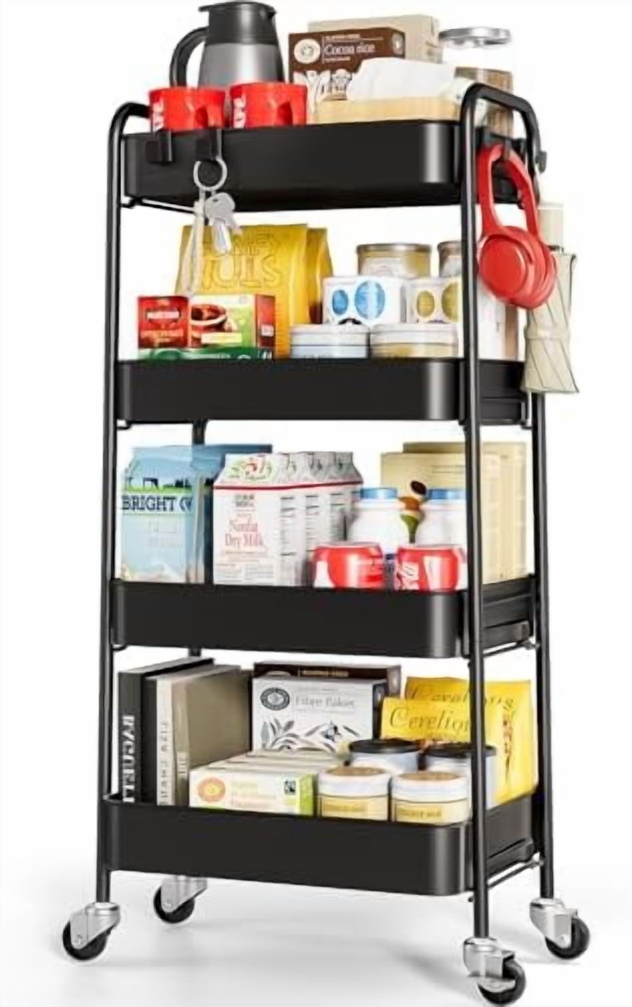 4-Tier Metal Rolling Cart with Wheels, Storage Utility Organizer Cart for Kitchen, Bathroom, Office, Baby Essentials & Makeup - Lockable Casters, Easy Assembly, Large Capacity, Black