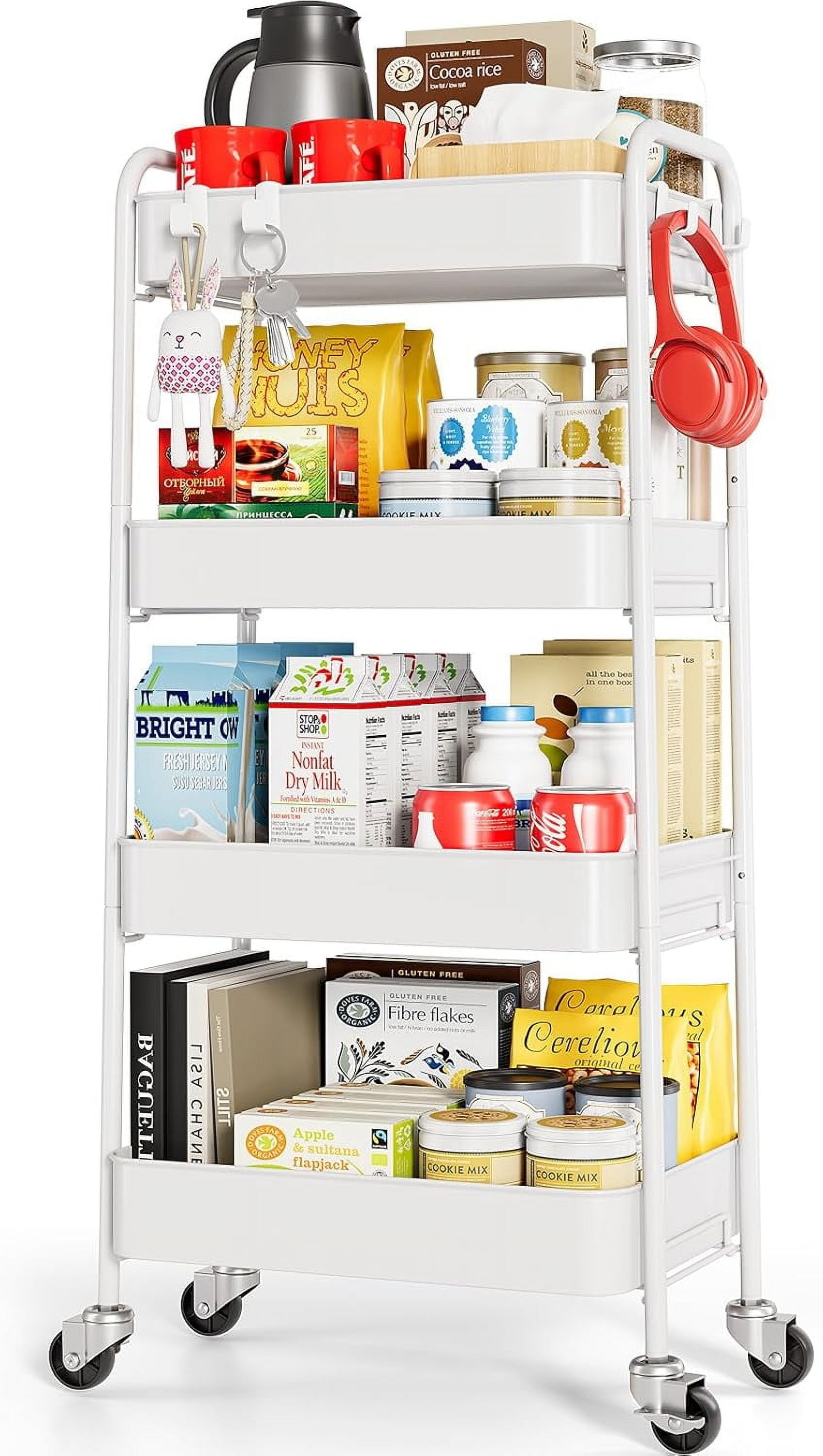 4-Tier Metal Rolling Cart with Wheels, Storage Utility Organizer Cart for Kitchen, Bathroom, Office, Baby Essentials & Makeup - Lockable Casters, Easy Assembly, Large Capacity, White