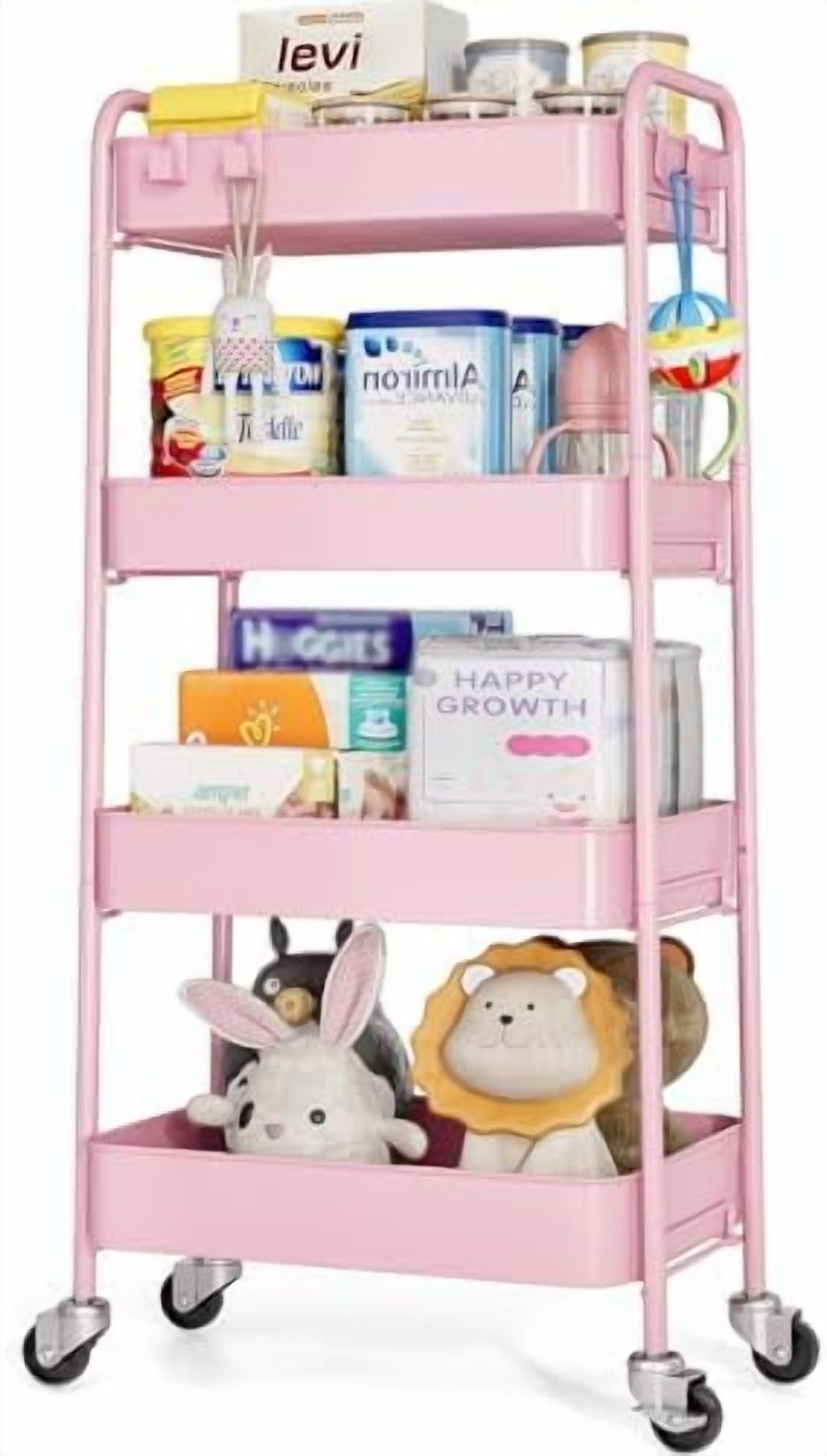 4-Tier Metal Rolling Cart with Wheels, Storage Utility Organizer Cart for Kitchen, Bathroom, Office, Baby Essentials & Makeup - Lockable Casters, Easy Assembly, Large Capacity, Pink