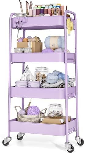 4-Tier Metal Rolling Cart with Wheels, Storage Utility Organizer Cart for Kitchen, Bathroom, Office, Baby Essentials & Makeup - Lockable Casters, Easy Assembly, Large Capacity, Purple
