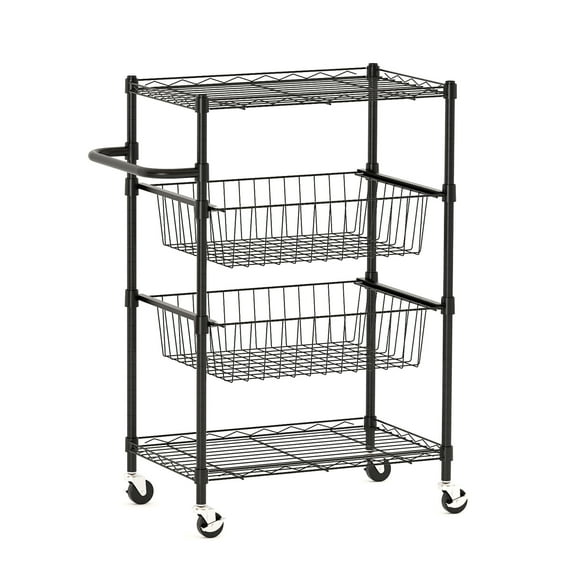 4-Tier Metal Rolling Storage Cart, Adjustable Wire Shelving Unit, Kitchen Utility Cart On Wheels with Basket and Handle, Storage Trolley for Laundry Bathroom Pantry Room, Black