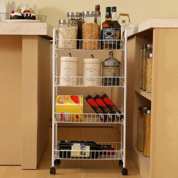 4-Tier Metal Rolling Utility Cart, White Multi-Functional Storage Cart with Wheels for Office, Kitchen, Bathroom