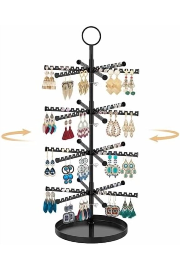 4 Tier Metal Rotating Earring Holder Organizer Stand Adjustable Display Tree for Women, 384 Holes and Grooves Rack Tower for Pierced Dangle, Large Capacity Space-Saving Jewelry Hanger, Black