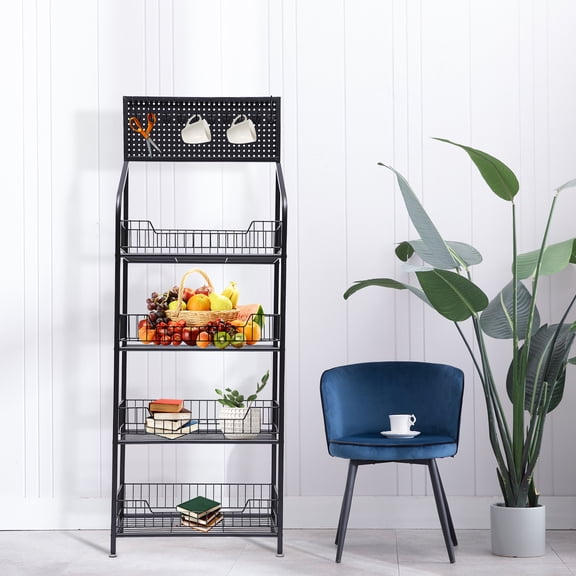 4 Tier Metal Shelves Metal Wire Shelving Rack Free Standing Snack Organizer with 5 Metal Hooks for Office Kitchen Cabinet Pantry