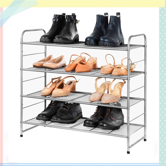 4 Tier Metal Shoe Organizer Rack,Stackable & Freestanding Wire Grid Organizer for Entryway Closet Bedroom (Silver)