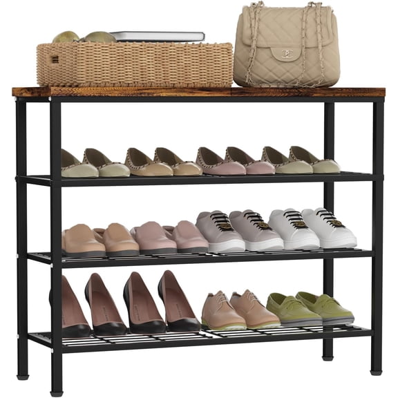 4-Tier Metal Shoe Rack with Wood Top - Durable & Space-Saving Shoe Organizer,Industrial Shoe Organizer Shelf Bench Storagefor Closet Entryway, Bedroom & Hallway - Bronze+Black 28.5 W × 25.5" H