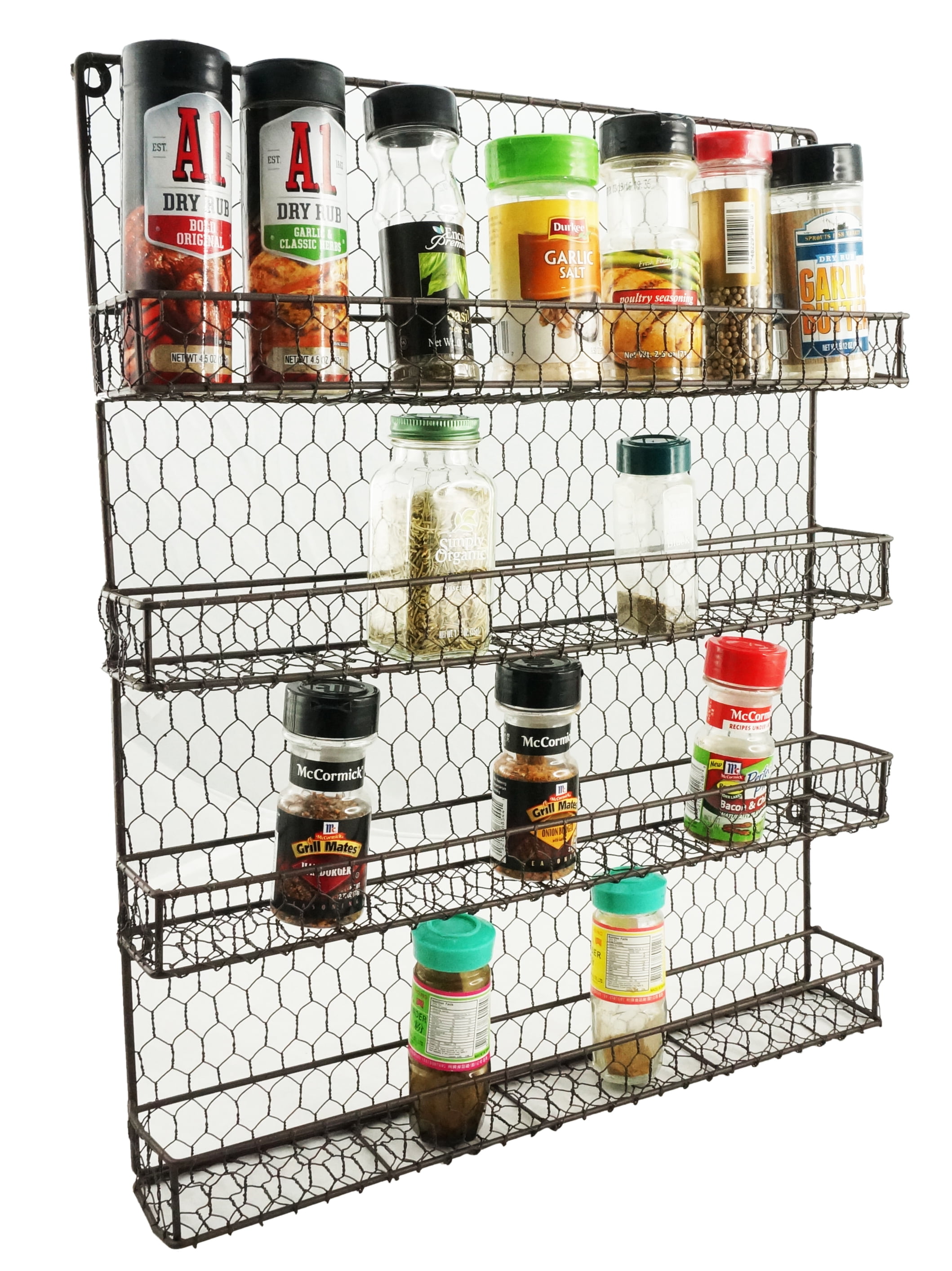 MyGift 4 Tier Black Country Rustic Chicken Wire Pantry, Cabinet or Wall Mounted Spice Rack Storage Organizer