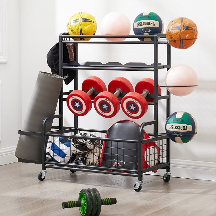 Black Alloy Steel 4-Tier Sports Equipment Organizer with Wheels