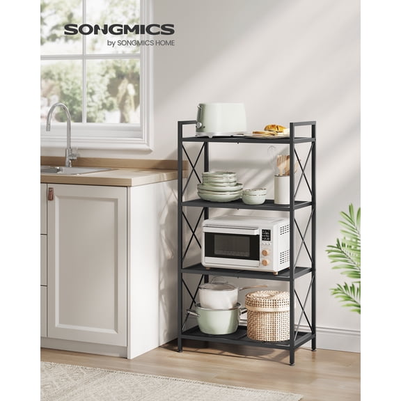 4-Tier Metal Storage Rack, 44.3 Inch Shelving Unit with X-Bar Frames & Adjustable Feet, 110 lb per Shelf, for Entryway Kitchen Bathroom, Ink Black
