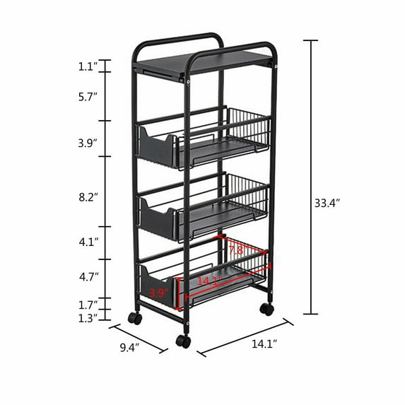 4 Tier Metal Storage Rack Utility Rolling Cart Kitchen Shelf Home Organiser Stand with Side Hooks Maximum Load 110lbs High Quality Materials