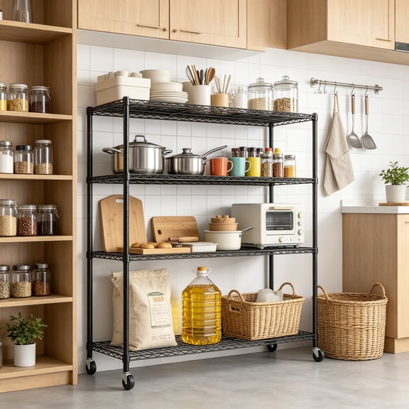 4-Tier Metal Storage Shelves, 65"H Wire Shelving with Wheels, Adjustable Heavy Duty Garage Shelving Storage Racks for Pantry, Kitchen, Office, Garage, 65"H x 63"W x 23"D