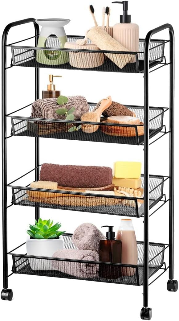 4 Tier Metal Storage Shelves With Wheels, Cart Wire Storage Baskets