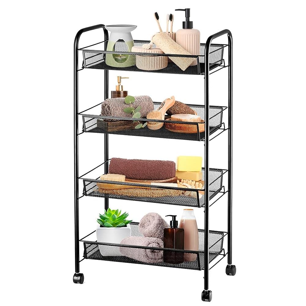 4 Tier Metal Storage Shelves with Wheels, Wire Storage Baskets, Office