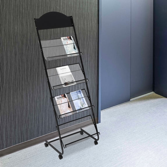 Retail Newspaper Racks 4-Layer Magazine Newspaper Rack Mobile Metal Floor-Standing Black with ...