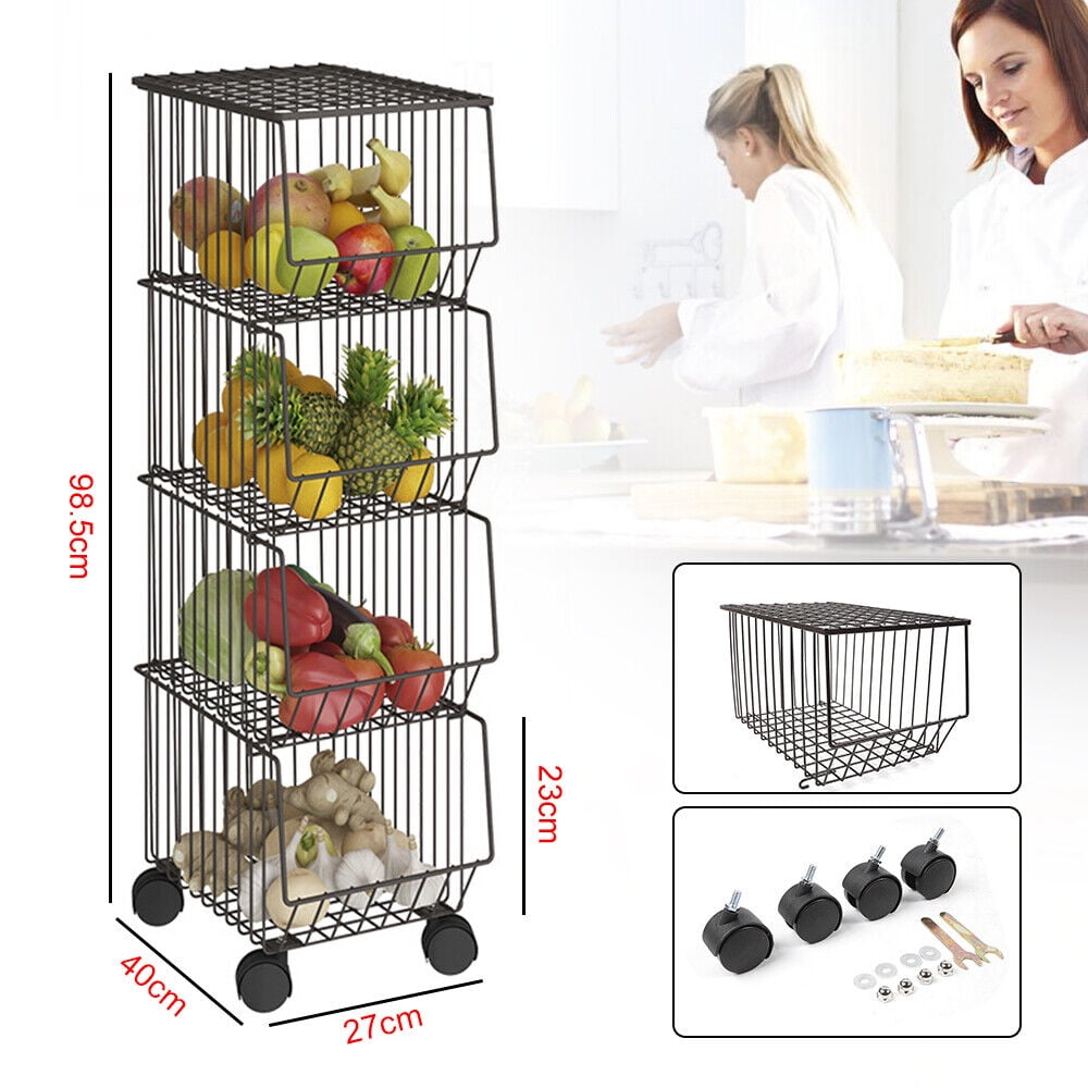 4-Tier Metal Wire Basket Stackable Vegetable Fruit Trolley Cart Storage ...