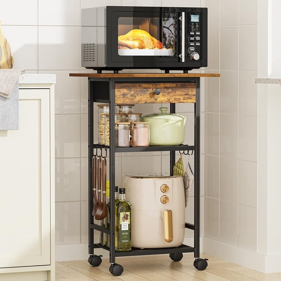 4-Tier Microwave Cart with Adjustable Shelf and Drawer, Rustic Brown