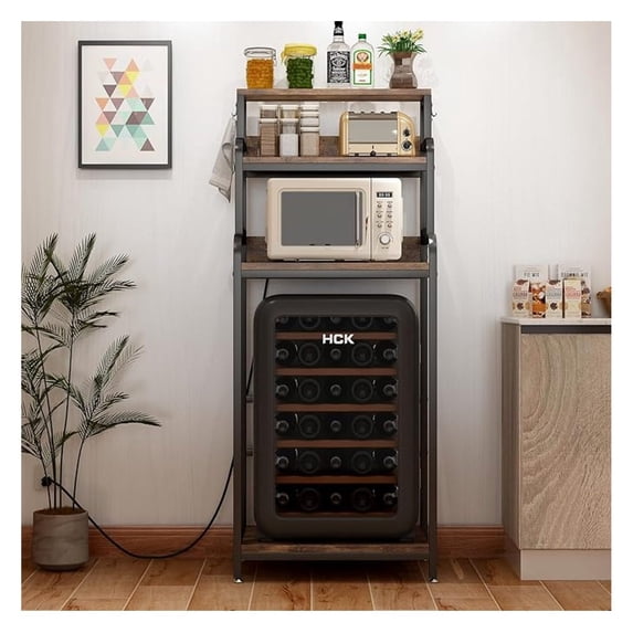 4-Tier Mini Fridge and Microwave Stand Shelf Organizer,61.6" Tall Mini Fridge Cabinet Bakers Rack with Power Outlet,Microwave Oven Stand,Kitchen Shelf Coffee Bar for Home Office Dorm