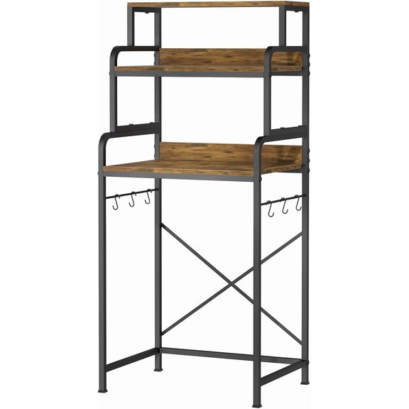 4-Tier Mini Fridge Stand with Storage, Over Fridge Shelf and Microwave Stand with Side Hooks, Freestanding Kitchen Storage Rack, Rustic Brown Dorm Room Organizer for Apartment, Coffee Bar