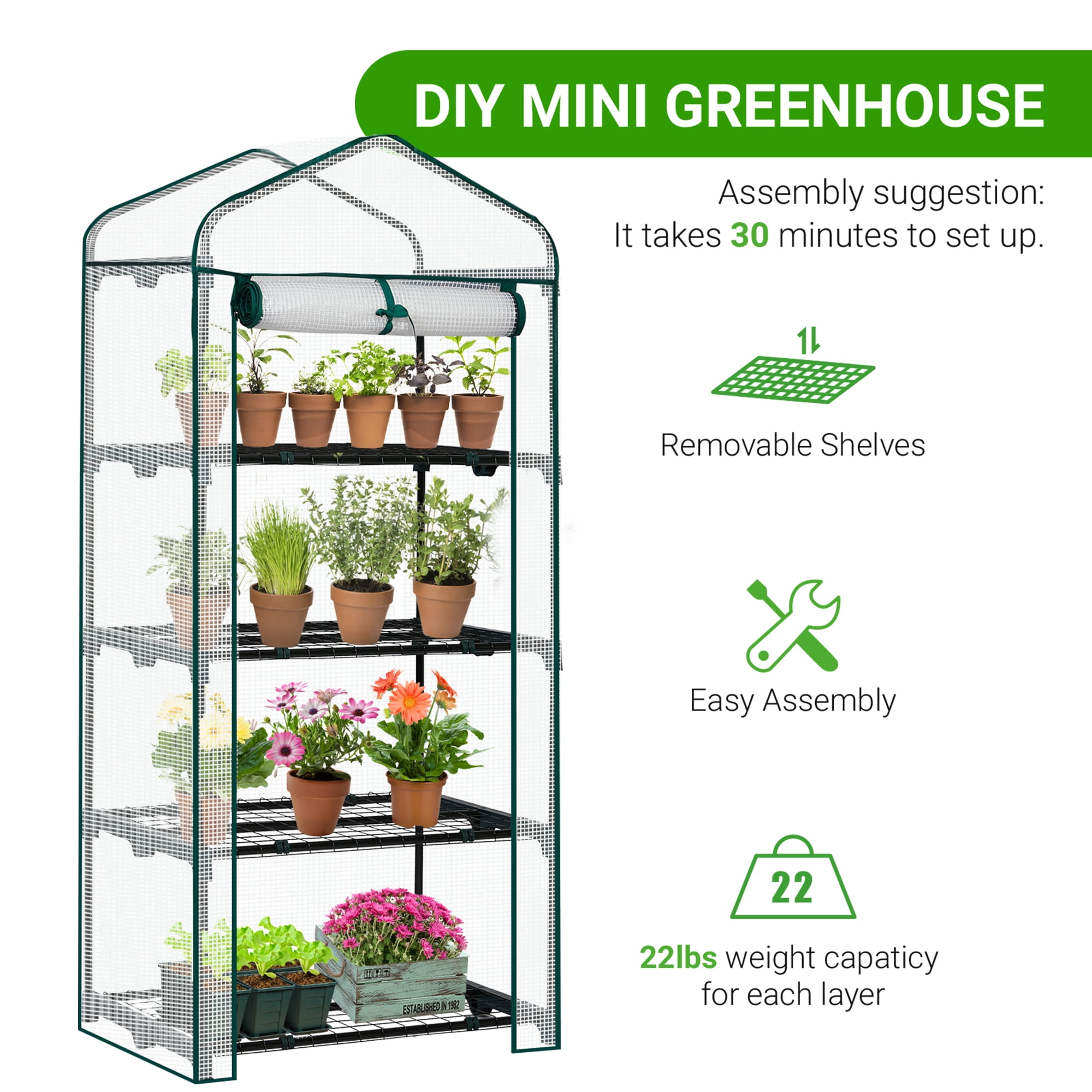 4-Tier Mini Greenhouse 27×19×62 in, Portable Plant Green House with Roll-Up Zipper Door, Powder-Coated Steel Frame, UV-Resistant PE Cover for Indoor Outdoor Patio Balcony