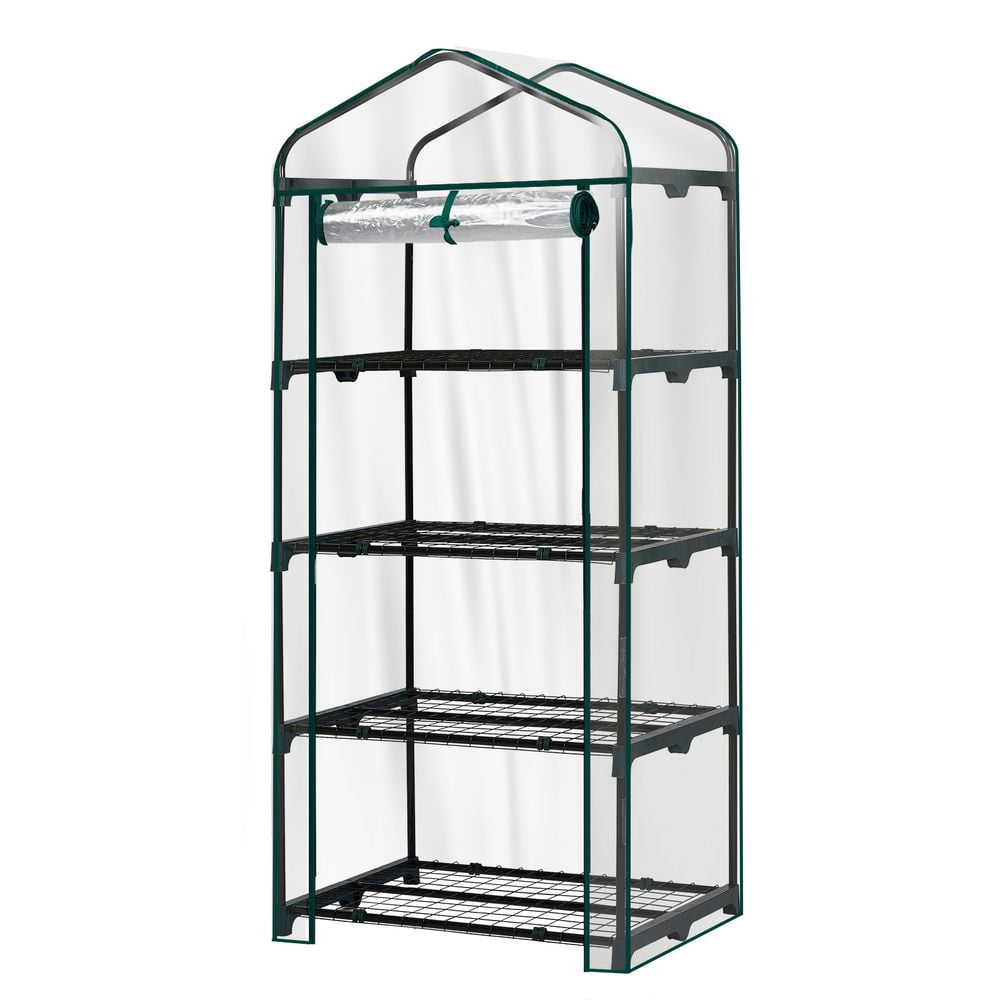 4 Tier Mini Greenhouse 27" x 19" x 62" with Transparent PVC Cover & Roll-Up Zipper Door Portable Waterproof Steel Frame Plant Green House for Garden Backyard Patio Balcony