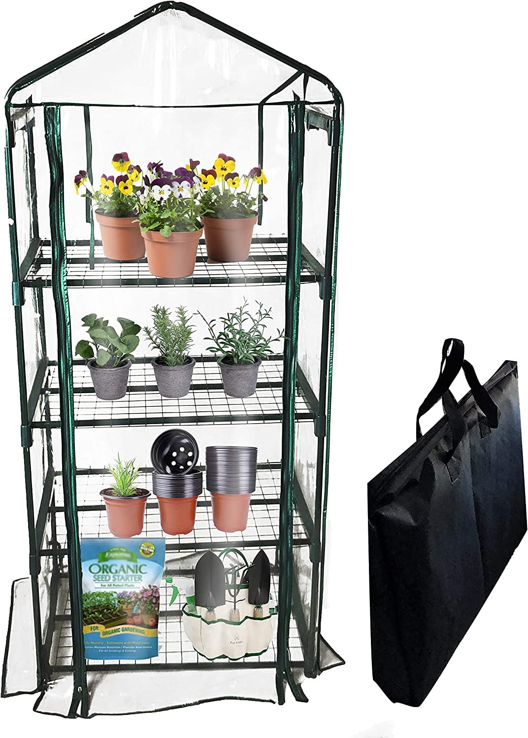Portable 4-Tier Mini Greenhouse with Dark Green Cover