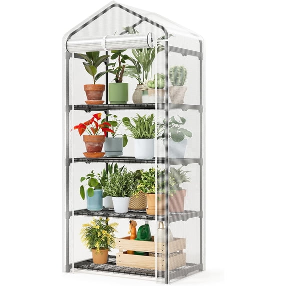 4 Tier Mini Greenhouse for Indoor Outdoor, 19.3x27.2x62in Portable Plant Greenhouse with Adjustable Shelves, Reinforced PE Mesh Cover, Heavy Duty Steel Frame, Waterproof for Balcony Patio