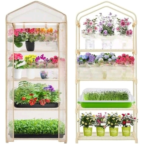 4-Tier Mini Greenhouse  Indoor or Outdoor Gardening Hot House with PE Zippered Cover and Metal Shelves for Growing Vegetables, Flowers and Seedlings 63'' H x 27'' L x 19'' W (PLGH704OWW)
