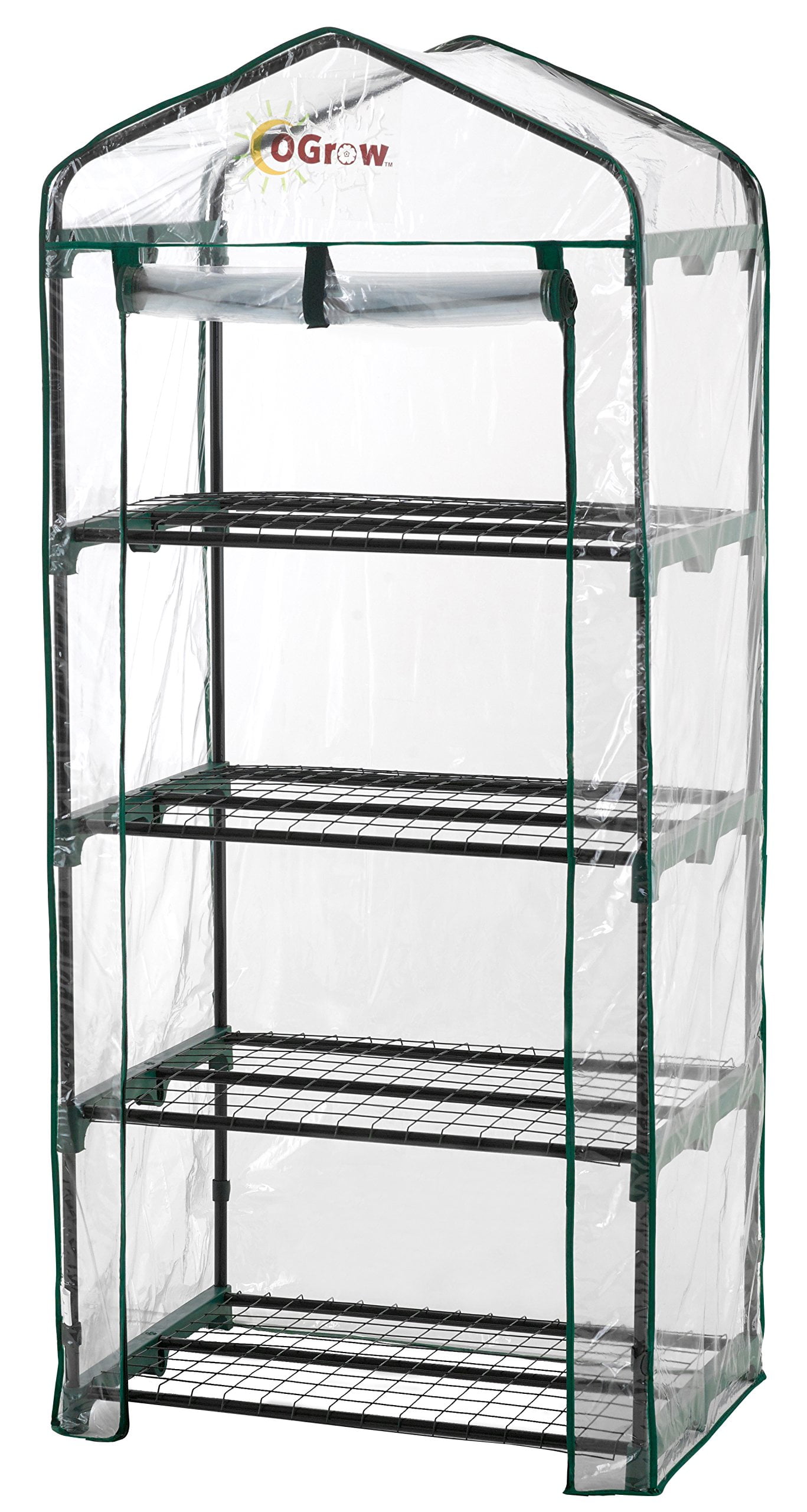 Compact 4-Tier Green Iron Mini Greenhouse with Zippered PVC Cover